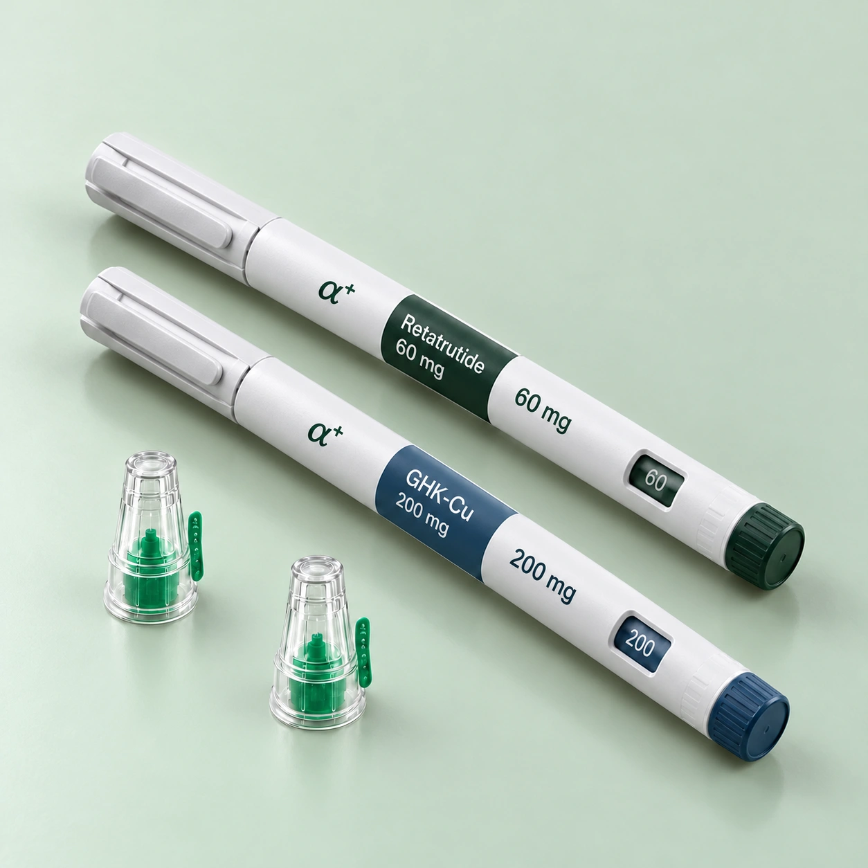 Pakket met Retatrutide 60 mg, GHK-Cu 200 mg en pennaalden